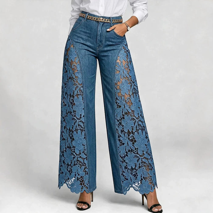 Pantalon large taille haute femme, jean à empiècements en dentelle