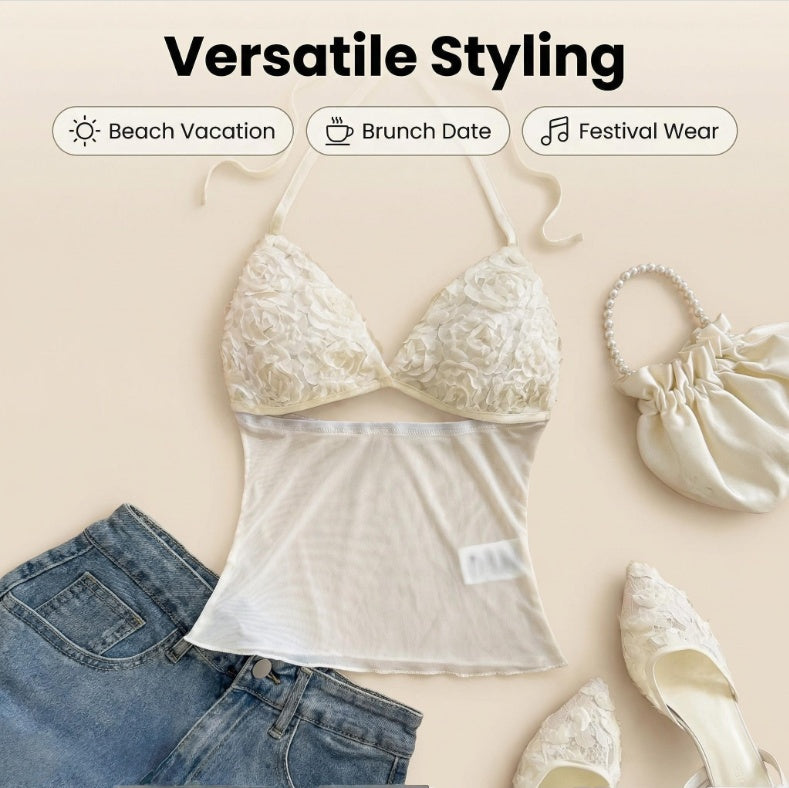 3D Floral Hollow Halter Neck Top Womens Summer Beach Wear
