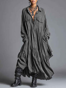 Artistic Retro Loose Pleated Long-Sleeve Shirt Dress