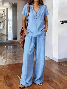 Women's Casual Solid-Colored Cotton And Linen Set