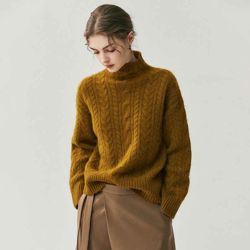 Womens Half-Turtleneck Seamed Cable-Knit Cashmere Sweater Elegant Artistic And Versatile For Any Look