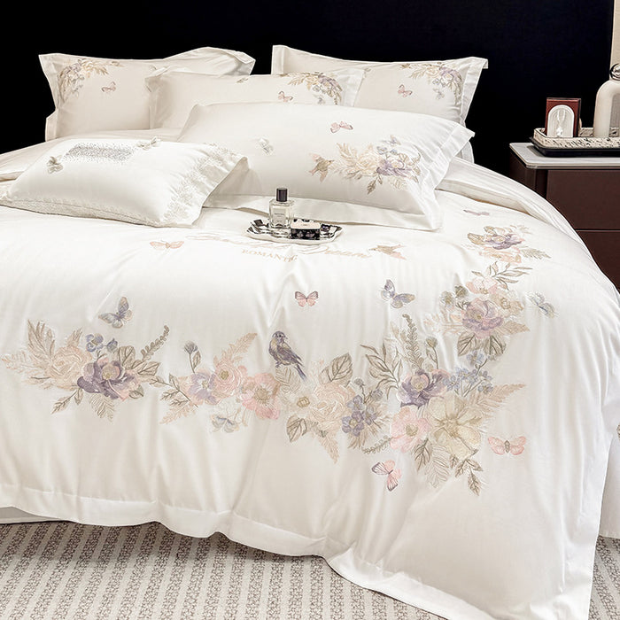 Long-staple Cotton Embroidered Floral Four-piece Bed Sheet And Fitted Sheet Set