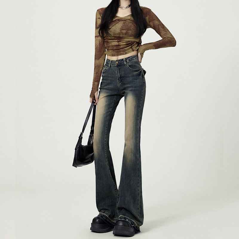 Retro Washed High-Waist Flared Jeans For Women