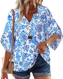 V-neck Printed Bohemian Country-Style Casual Loose Summer Top