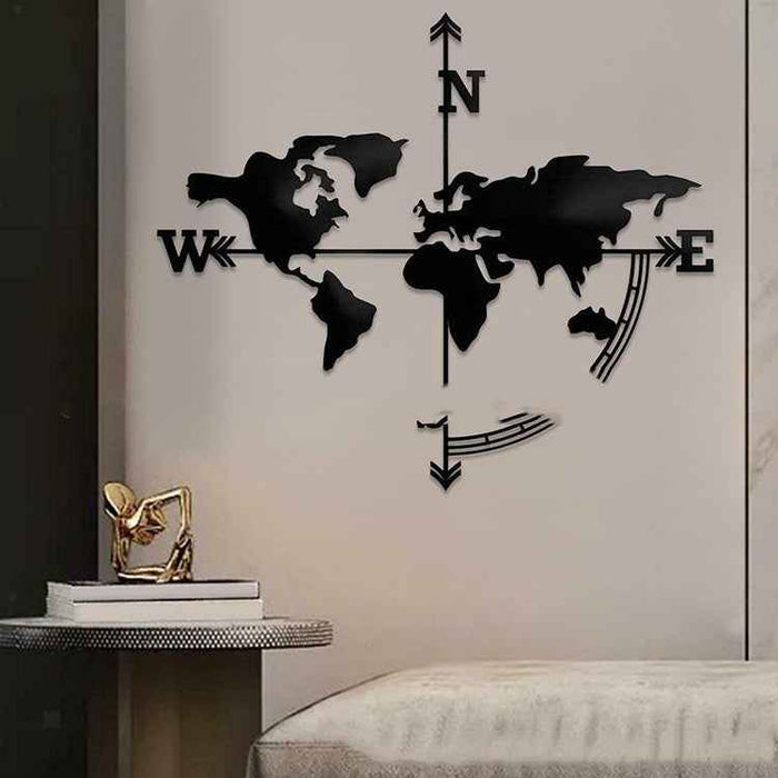 Carte du monde en métal, décoration murale en fer avec boussole - Fabriqué sur commande