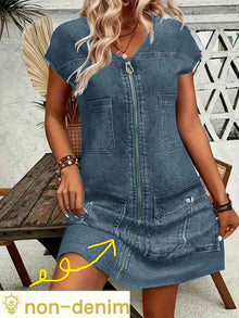 Milk Silk Fabric Denim-look Printed Short-sleeve Dress