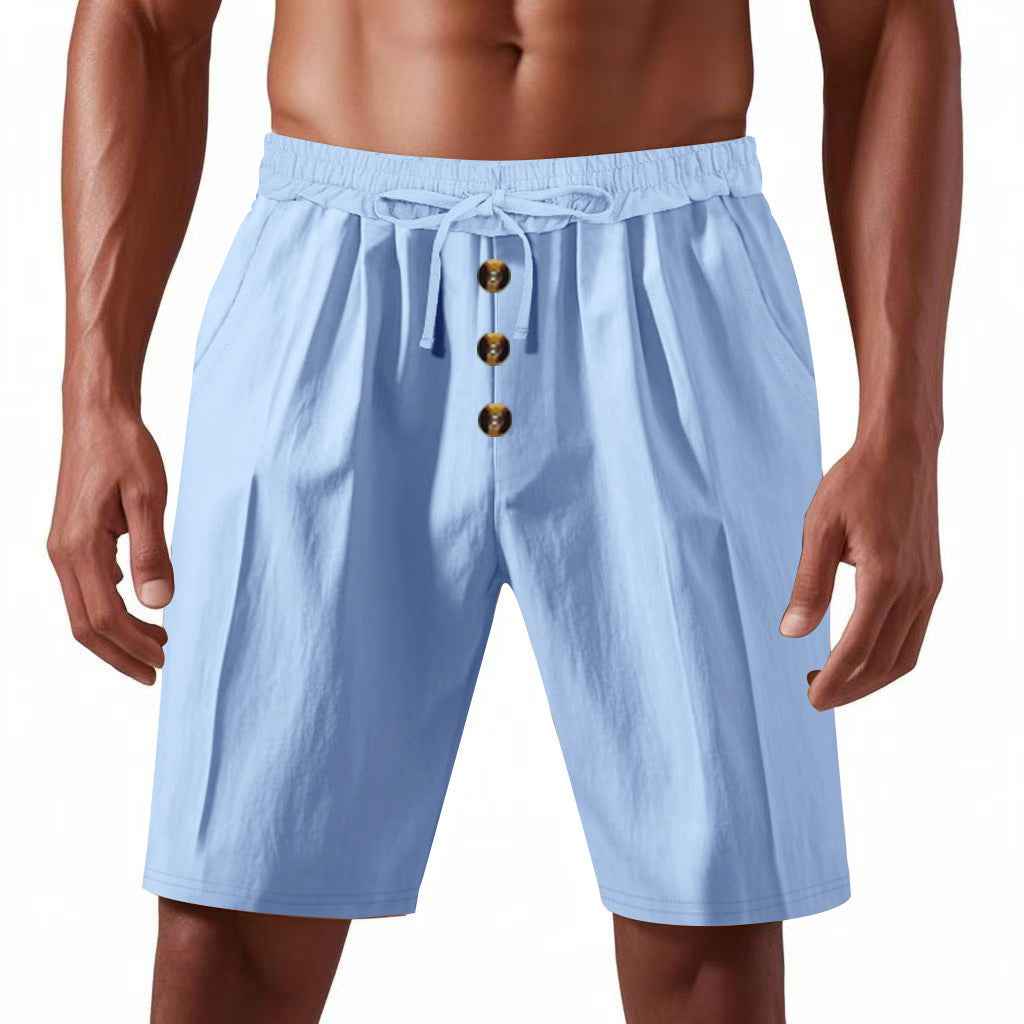 Mens Loose Linen Beach Casual Washed Button Cropped Sports Shorts