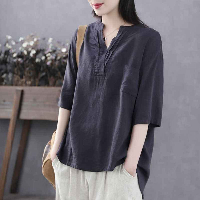 Casual Youthful Retro Summer New V-Neck Cotton-Linen Top