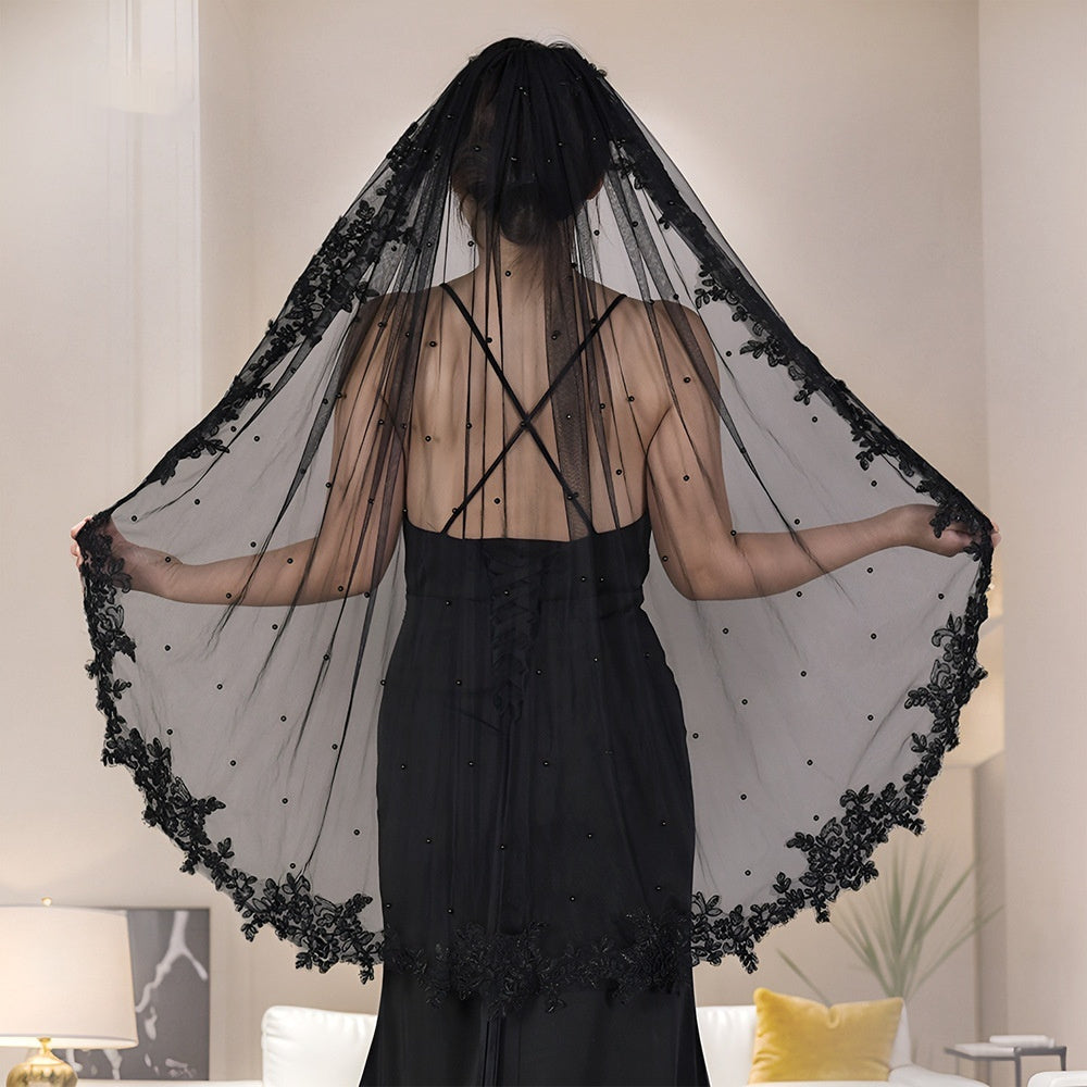 Exquisite Lace Black Veil Pearl Bridal Veil by Mirlaine Univers