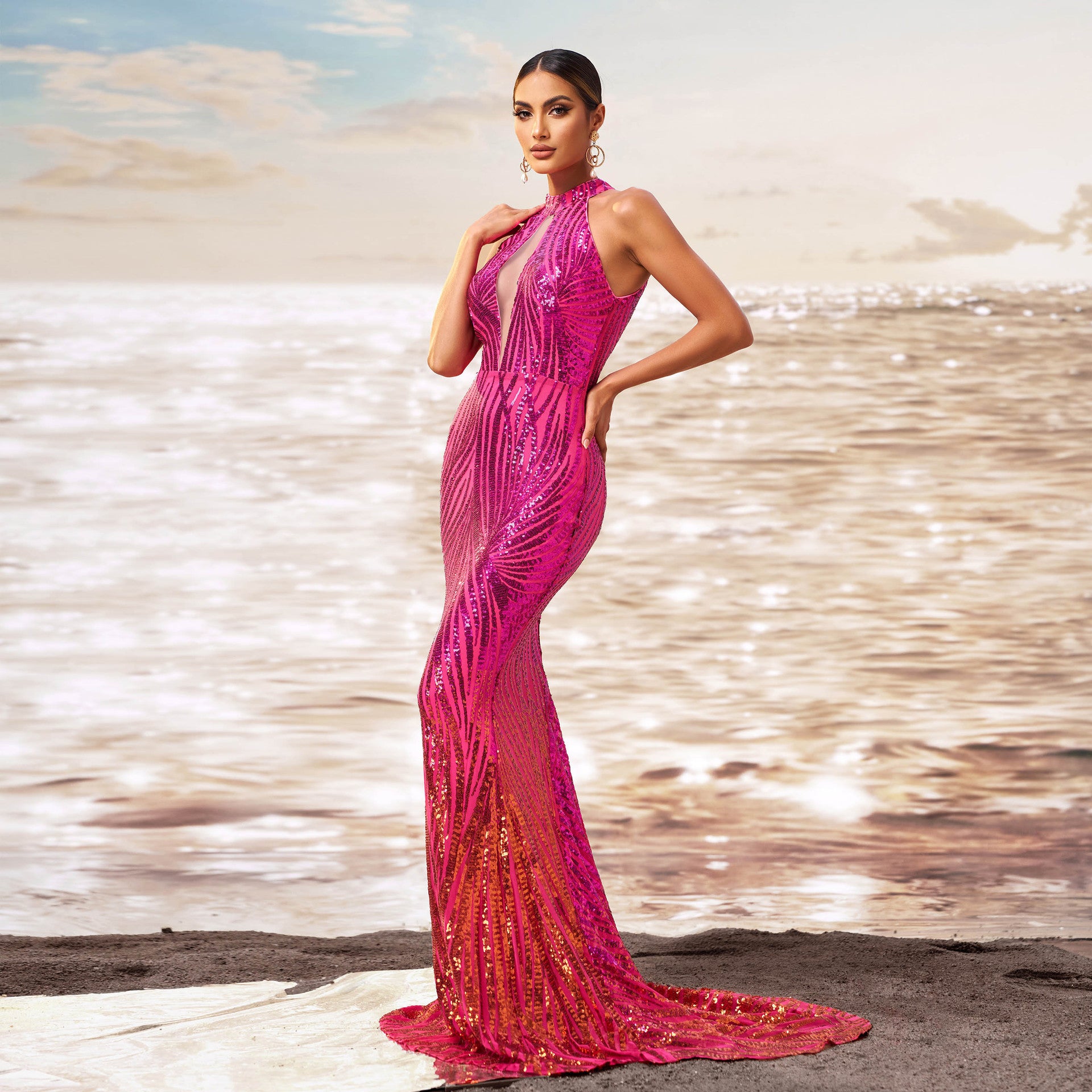 Round Neck Off-the-shoulder Slim-fit Sheath Sequined Banquet Fishtail Evening Dress by Mirlaine Univers