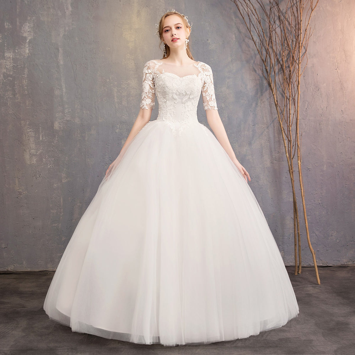 Slim Mid-sleeve Plus Size Photo Studio Wedding Dress by Mirlaine Univers