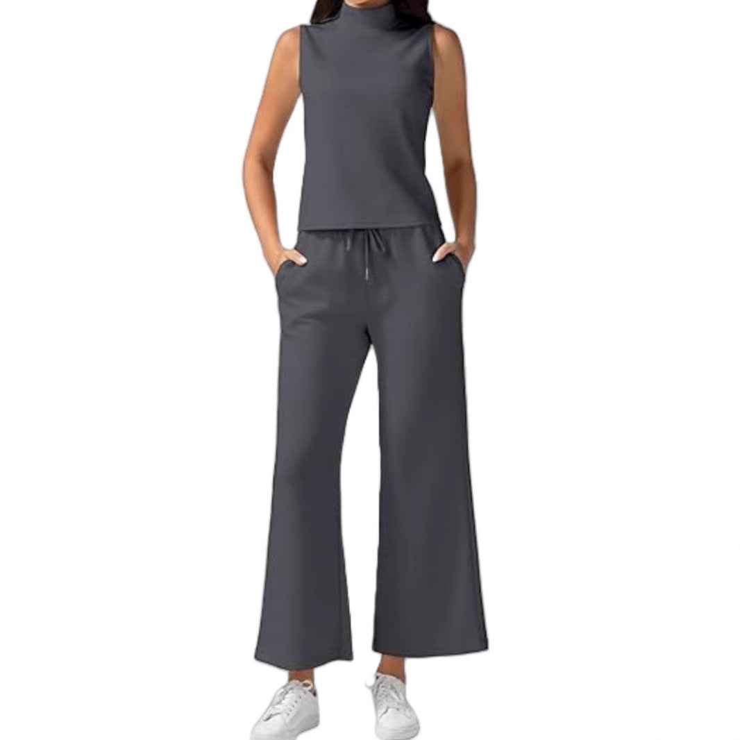 Turtleneck Slim-Fit Solid-Color Loungewear Cropped Pants Set With Drawstring