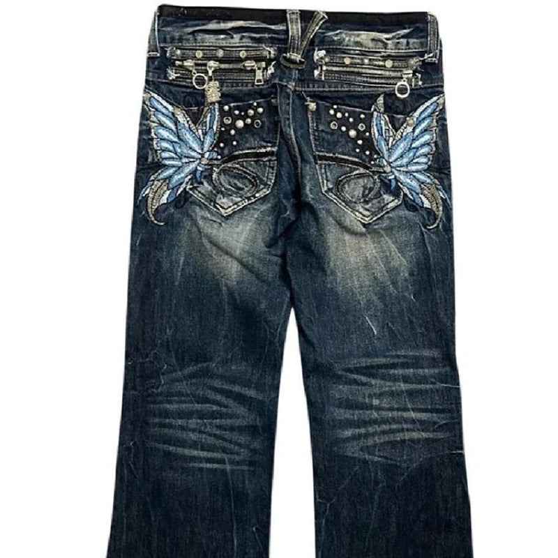 Butterfly-embroidered Low-rise Jeans Womens Y2K Vintage Style