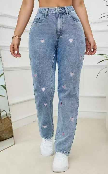 Affectionate Embroidered Straight-Leg Loose-Fit Stretch Womens Denim Trousers