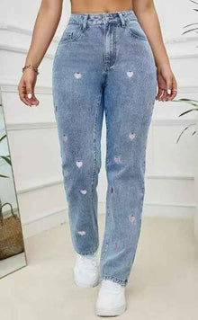 Affectionate Embroidered Straight-Leg Loose-Fit Stretch Womens Denim Trousers