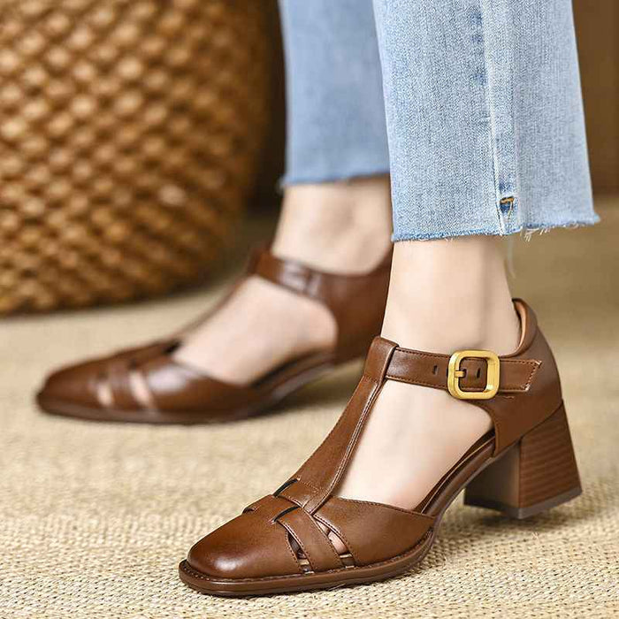 Chunky-Heel Hollow-Out Buckled Peep-Toe Sandals For Women