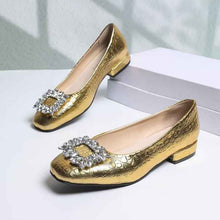 Women's Gold Crocodile Print Square Toe Rhinestone Buckle Low Heel Pumps Elegant Dress Shoes