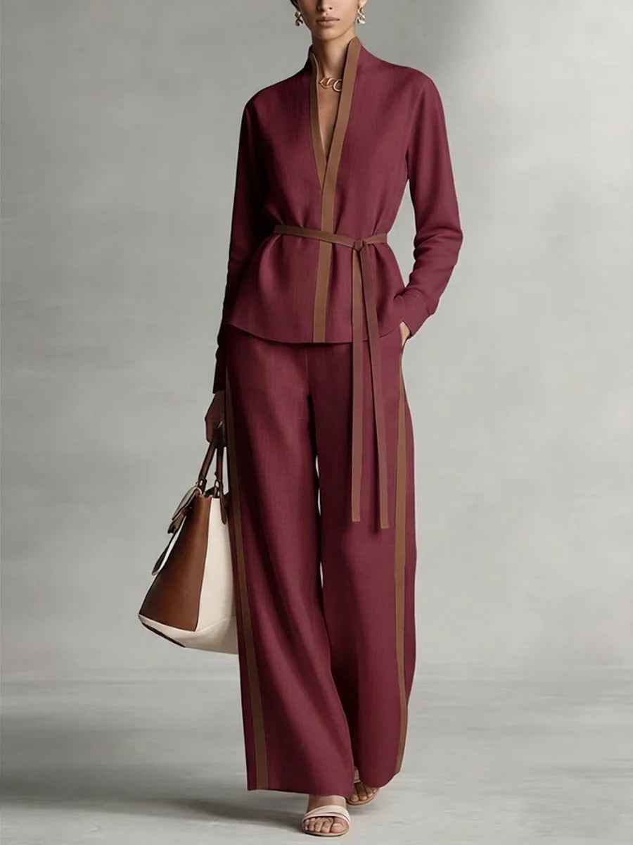 Women's Casual Patchwork Cardigan Shirt And Wide-Leg Pants Set