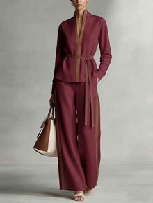 Women's Casual Patchwork Cardigan Shirt And Wide-Leg Pants Set