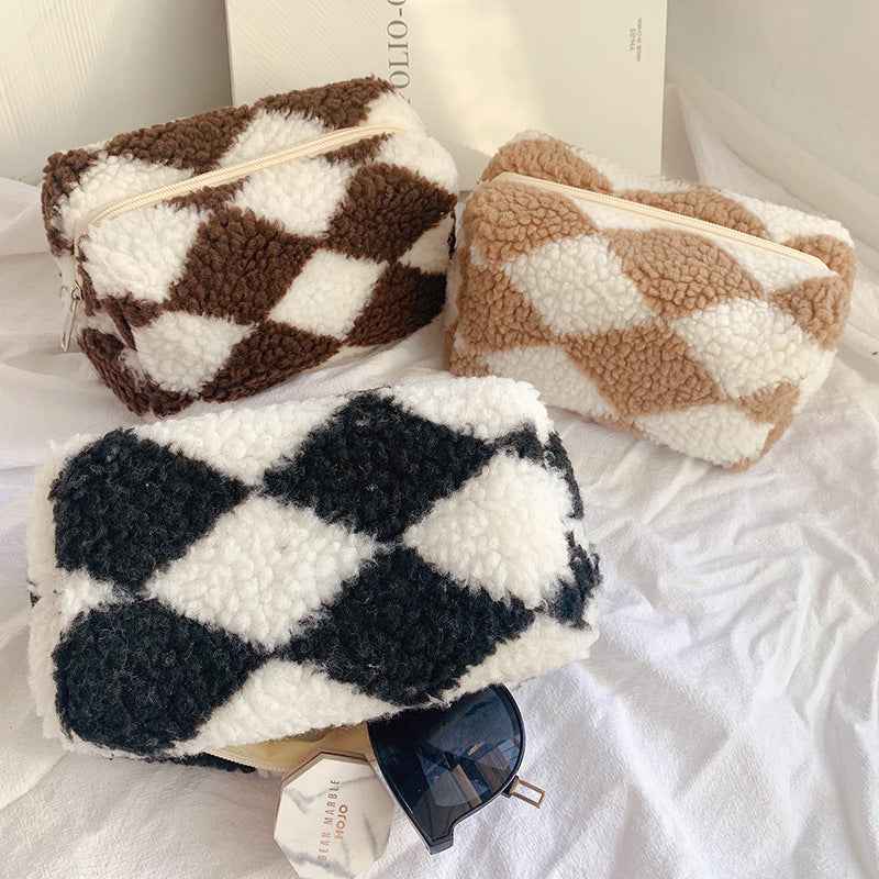 Niche Design Plaid Plush Pencil Case Large-Capacity Storage Bag