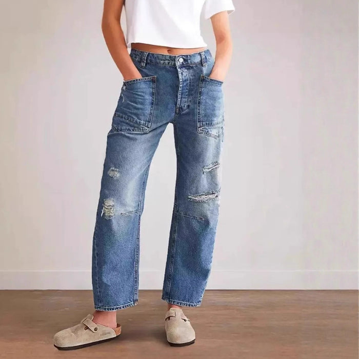 Jean large effet patchwork rétro avec poches et finitions usées