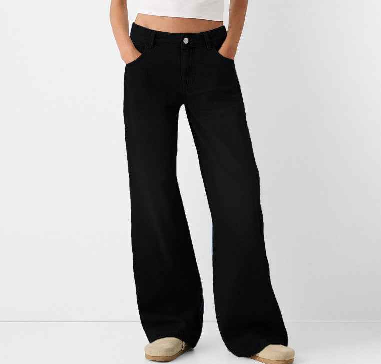 Womens Relaxed Wide-leg Denim Jeans In Solid Colorscasual And Versatile