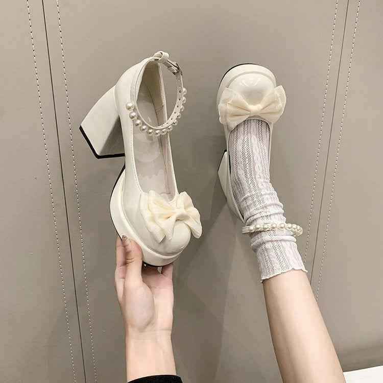 2026 Spring Sweet Bow & Pearl Mary Jane Heels For Women-Cute Platform Block Heel Pumps For Dressy Outings