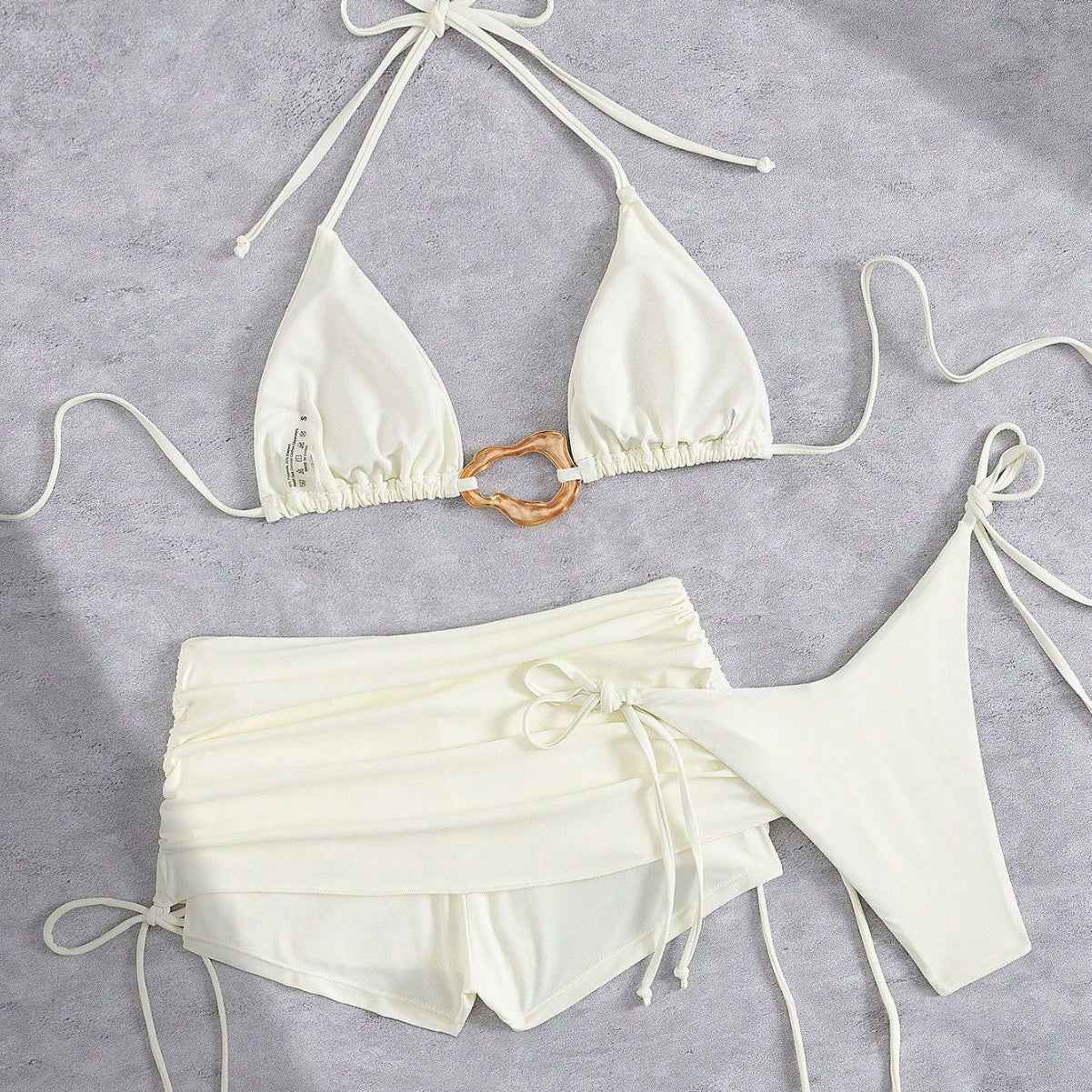 European And American Style Three-Piece Bikini Set Retro Solid-Color Lace-Up Womens Swimsuit