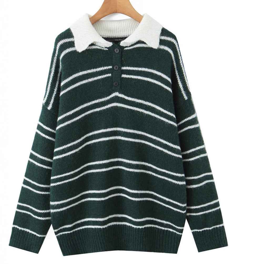 American Retro Preppy-Style Color-Block Striped Lapel Knit Sweater