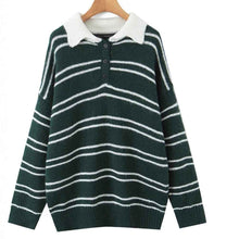 American Retro Preppy-Style Color-Block Striped Lapel Knit Sweater
