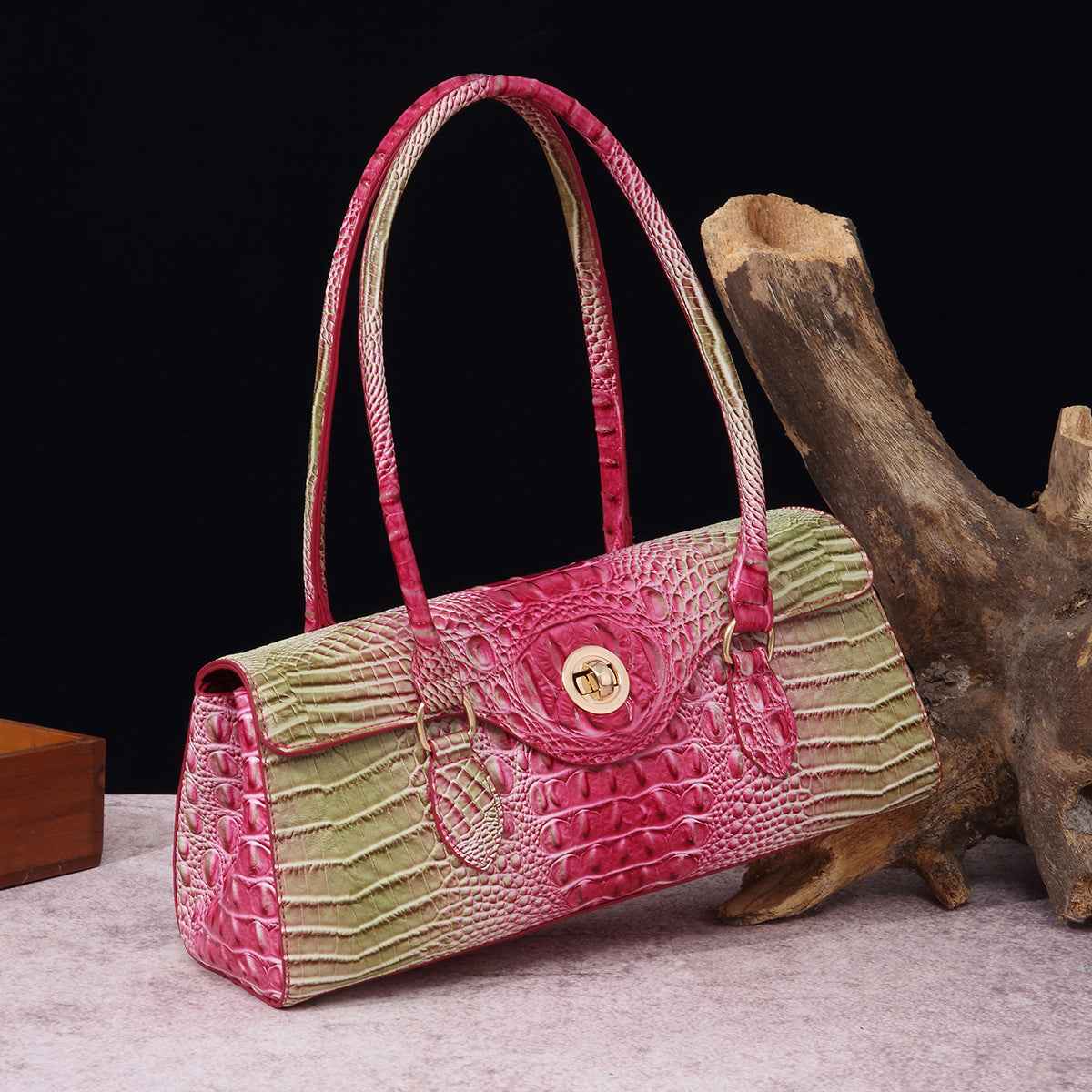 Womens Crocodile-Print Brahmin Shoulder Tote Bag