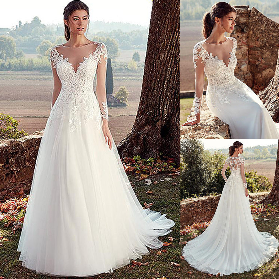 High U-neck Lace Long Sleeve A- Line Long Tail Simple Wedding Dress by Mirlaine Univers