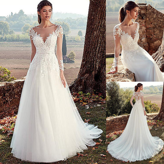 High U-neck Lace Long Sleeve A- Line Long Tail Simple Wedding Dress by Mirlaine Univers