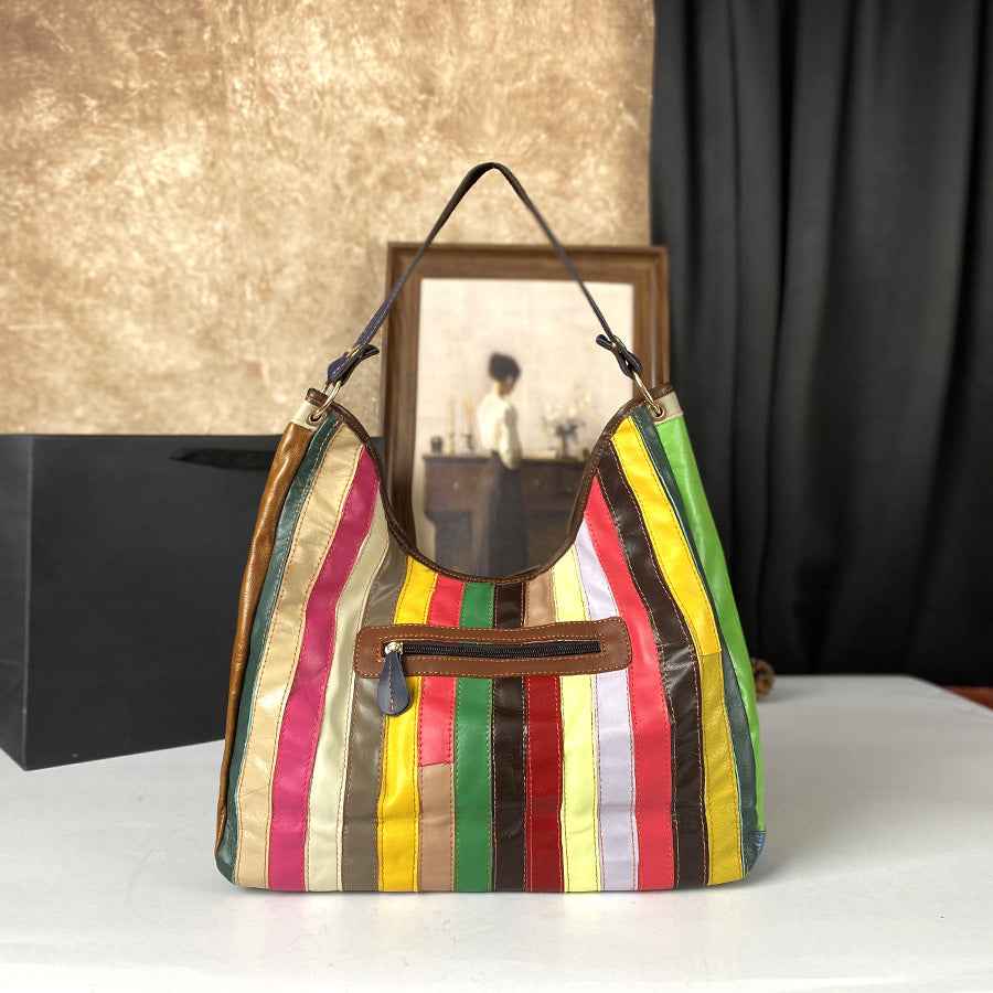 Womens Large-Capacity Bag Made From Color-Blocked First-Layer Cowhide Leather