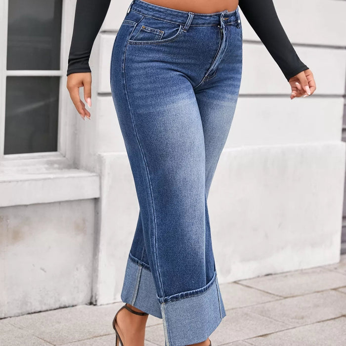 Jeans raccourci délavé ample à revers pour femme