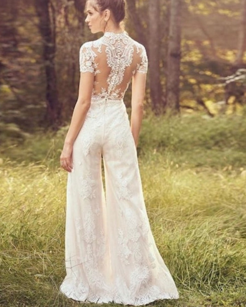 Bride Pants Suit Wedding Bridal Gowns Short Sleeve Jumpsuit by Mirlaine Univers