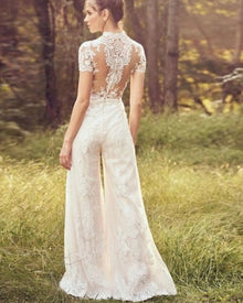 Bride Pants Suit Wedding Bridal Gowns Short Sleeve Jumpsuit by Mirlaine Univers
