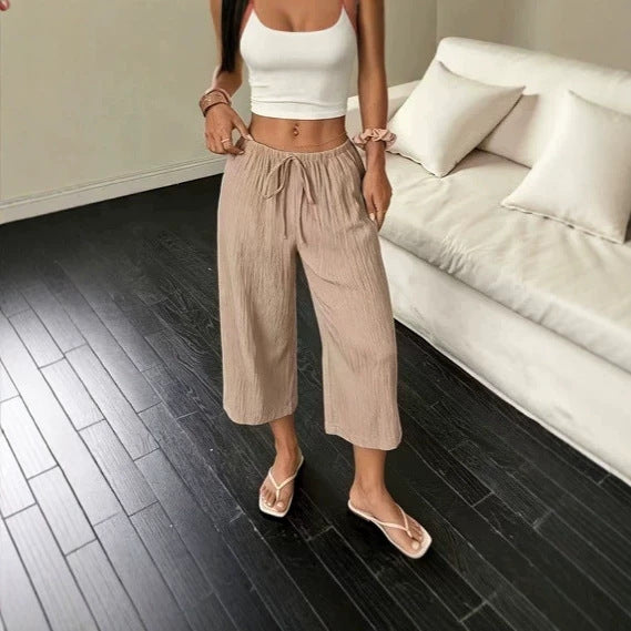 Pantalon court texturé élégant et décontracté pour femme Printemps-Été