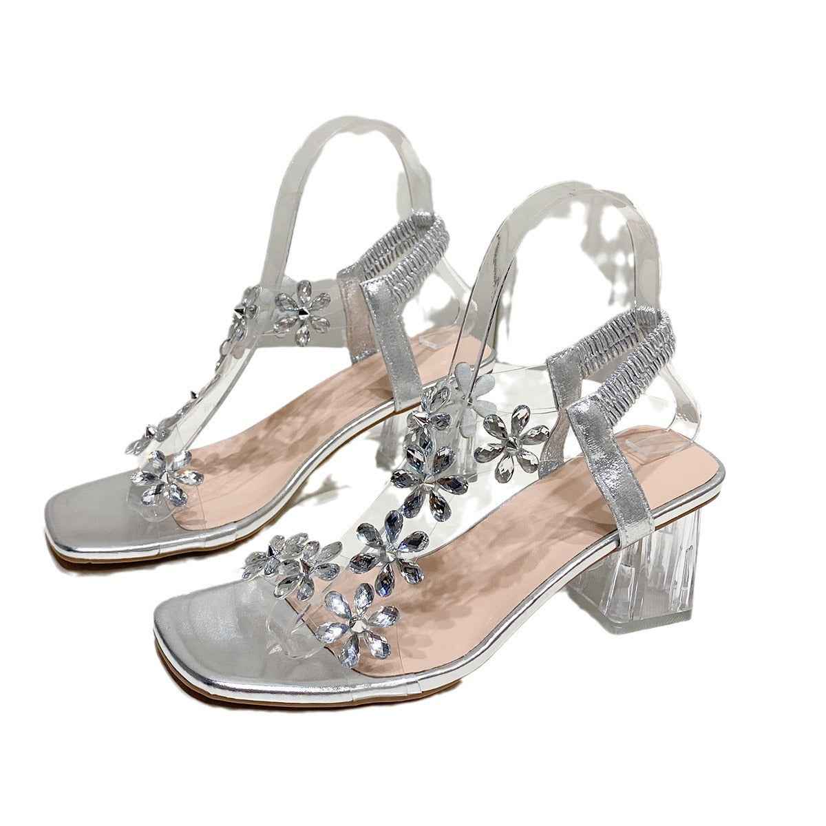Fashion Flowers Sandals With Transparent High Square Heels Summer Square Toe Shoes For Women