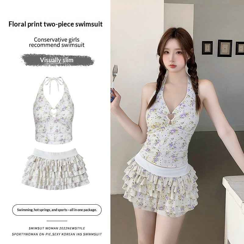 Womens Floral Halter Neck, Low-Chest Push-Up Two-Piece Skirted Swimsuit