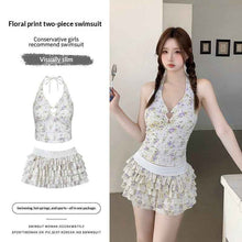Womens Floral Halter Neck, Low-Chest Push-Up Two-Piece Skirted Swimsuit