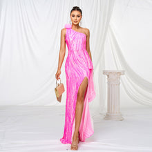 One-shoulder Diagonal Collar Sequined Slit Evening Dress by Mirlaine Univers