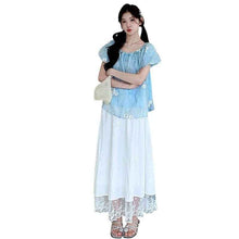 Sweet Blue Embroidered Anti-Peep Top And White Skirt Set