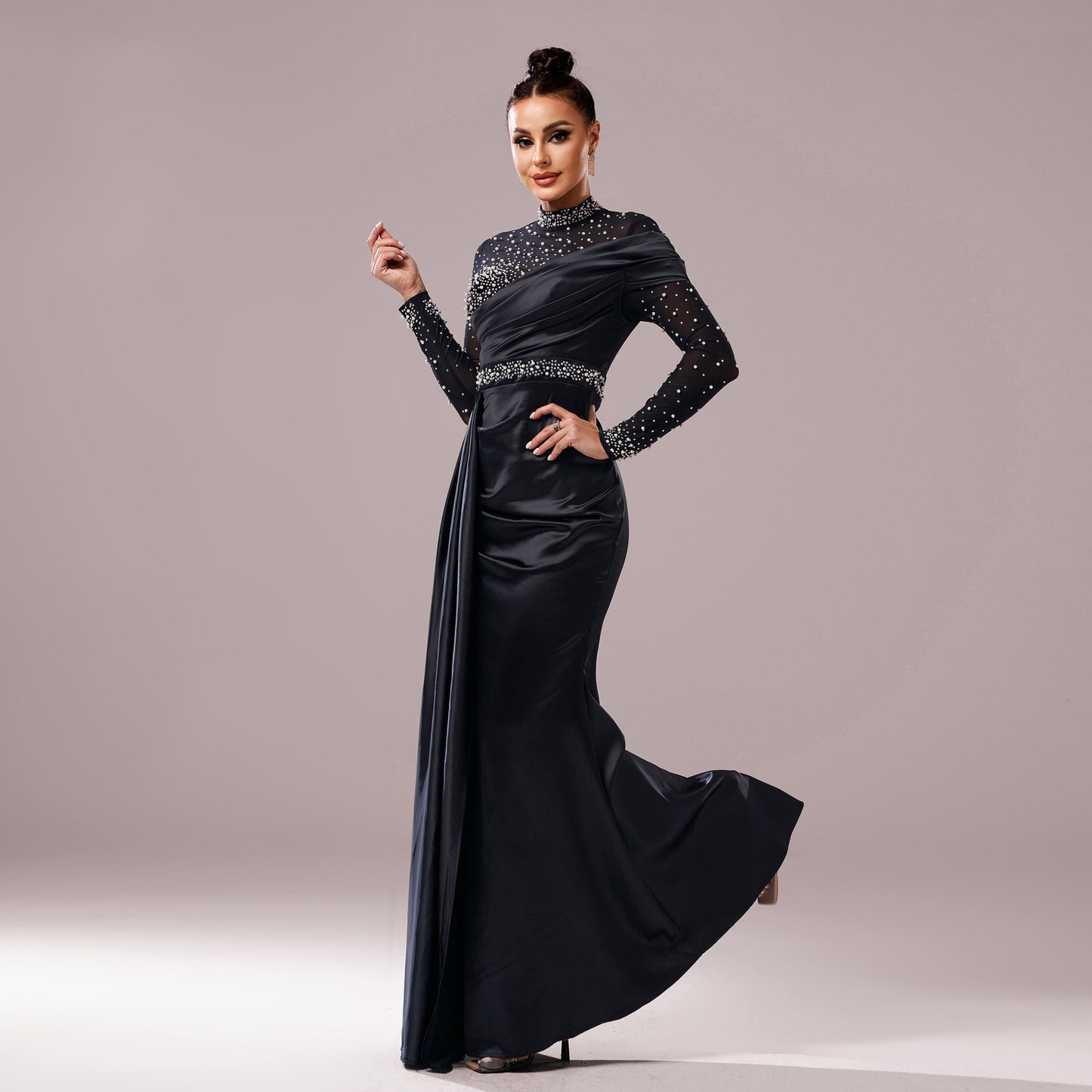 Long Sleeve Slim-fit Sheath Pearl Banquet Fishtail Evening Dress by Mirlaine Univers
