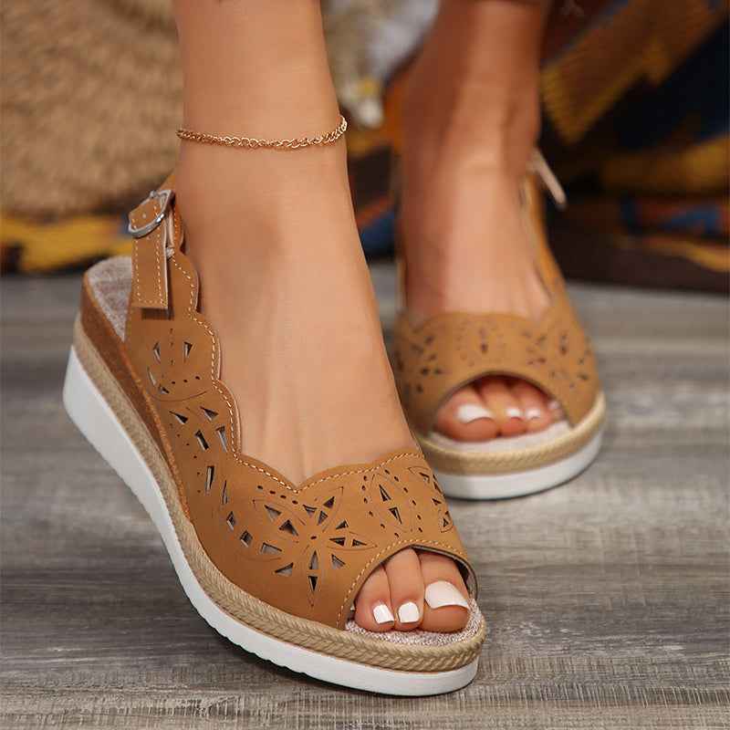 New Fish-mouth Wedge Sandals Summer Thick-soled Hollow Buckle Roman Shoes For Women