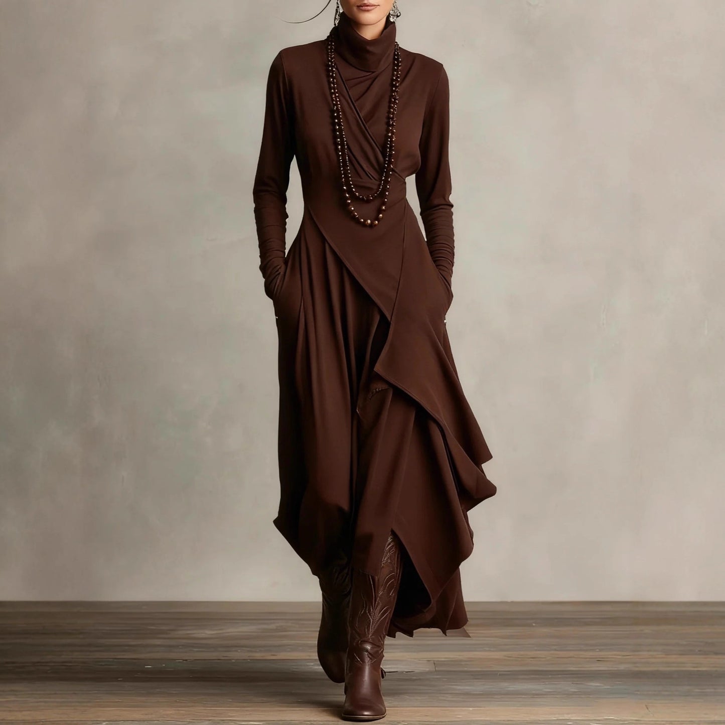 Women's Solid Color Cross-sleeve High-neck Dress by Mirlaine Univers