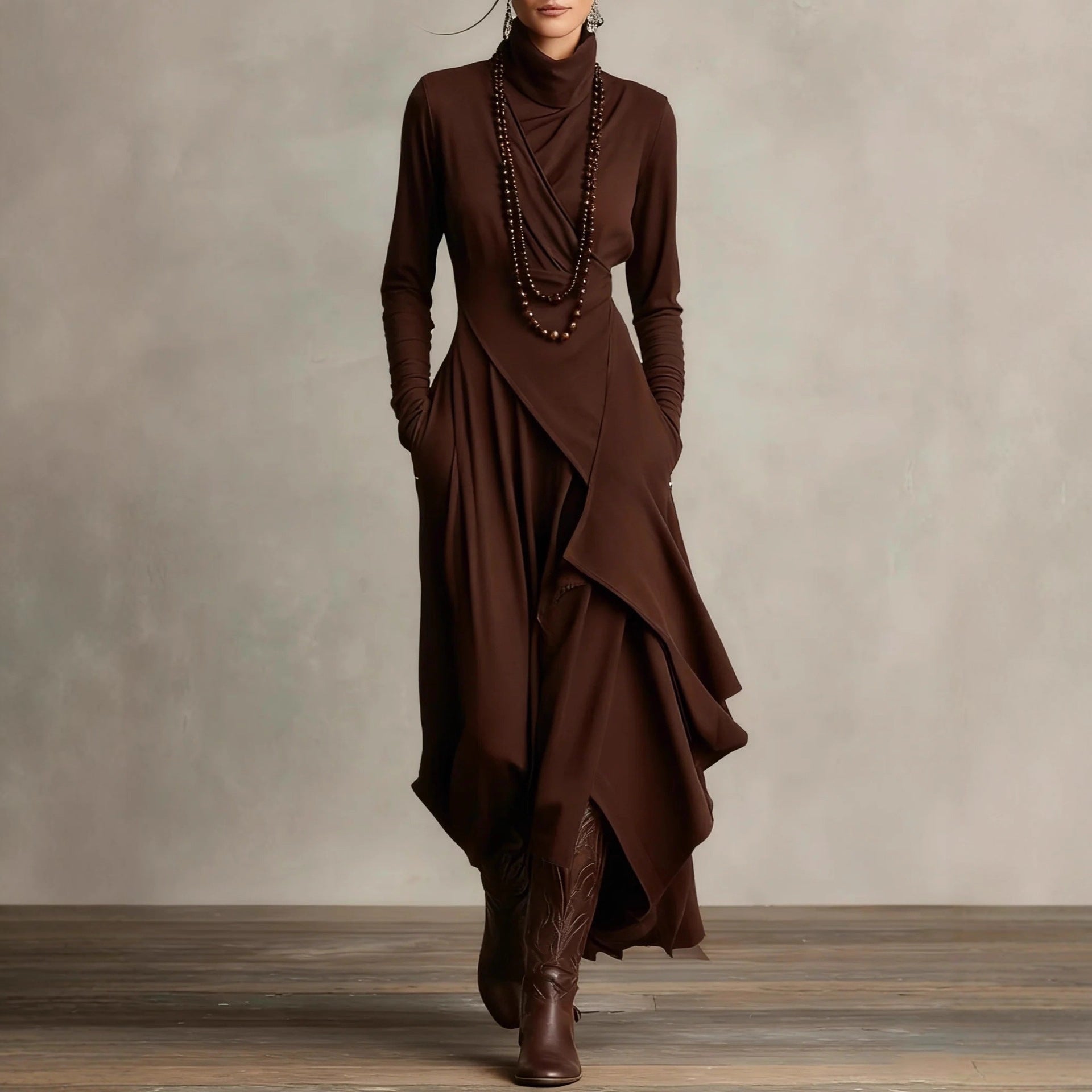 Women's Solid Color Cross-sleeve High-neck Dress by Mirlaine Univers