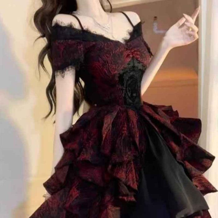 Robe Lolita à motif vagues en jacquard noir et rouge, luxe léger