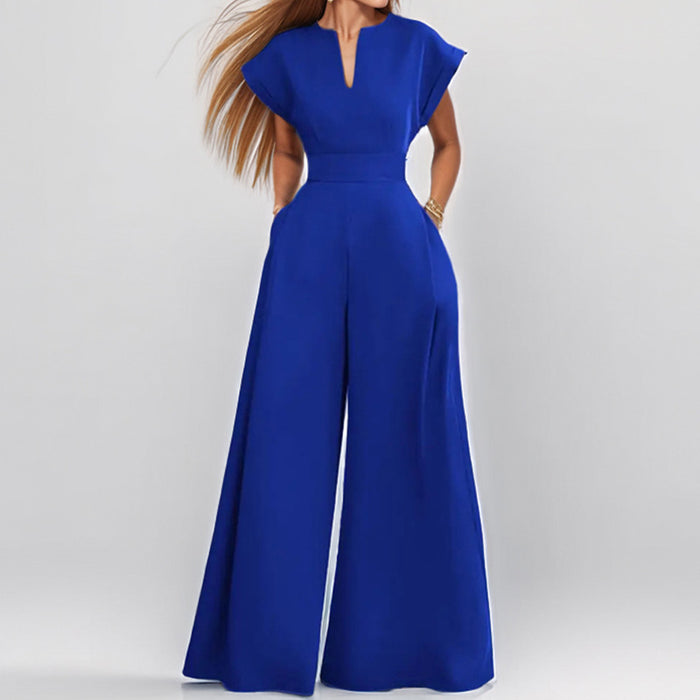 Combinaison élégante sans manches à col en V et jambes larges de couleur unie pour femme