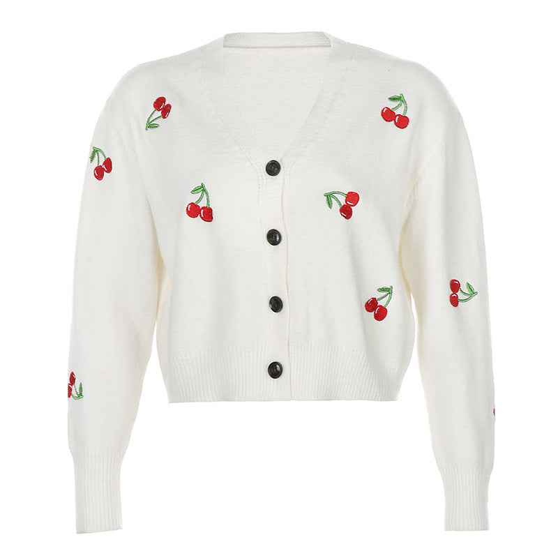 Long sleeve V-neck Straight Cherry Embroidered Cardigan Ssweater